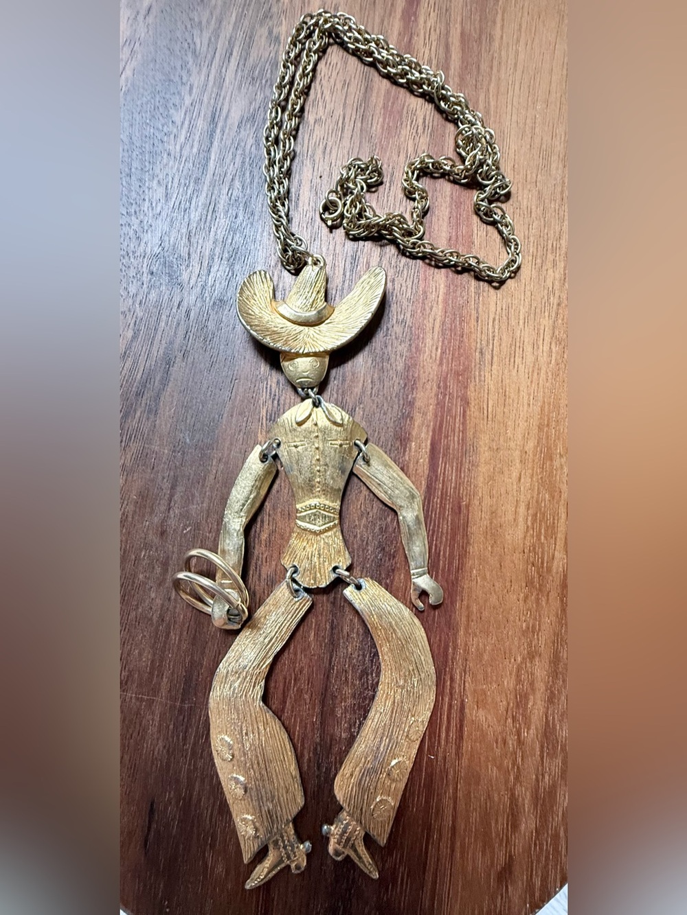 Vintage Gold Tone Cowboy Large Pendant Long Necklace Novelty Statement